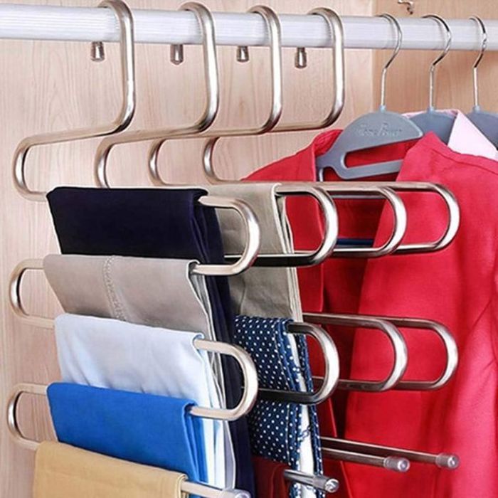 Lot de 3 cintres pantalons en acier inoxydable, multifonctions, 5 étages, pour un rangement optimal.