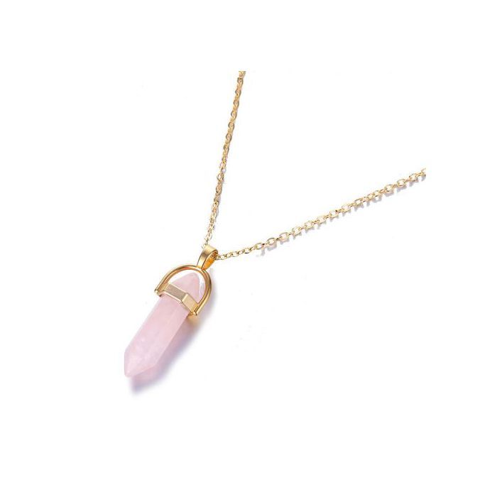Collier Pendentif En Cristal Naturel Colonne  Hexagonale Bohème Rose