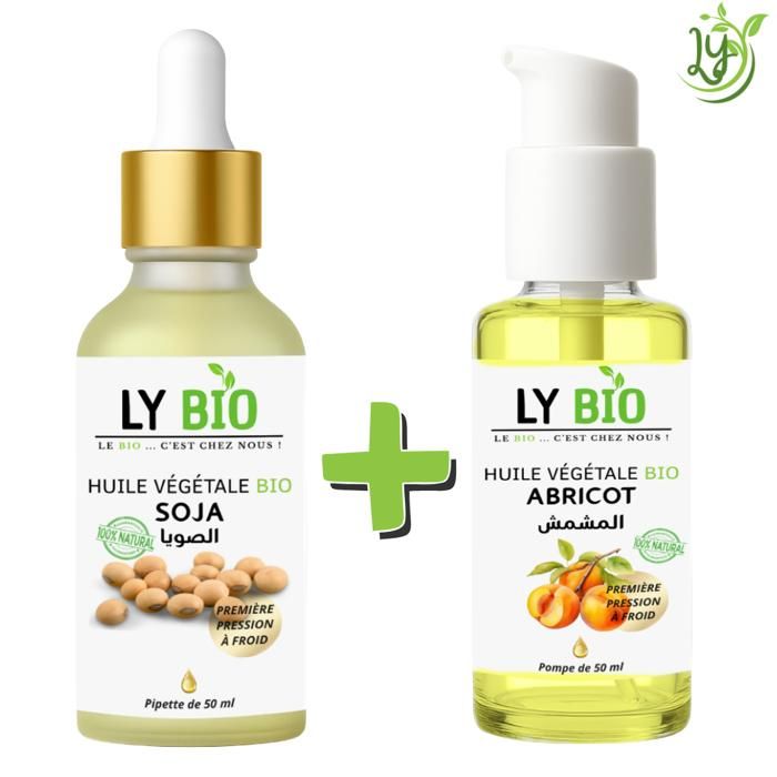 Pack d'huiles - LYBIO - Huile Soja 50ml - Pipette - Huile Abricot 50ml - Pompe