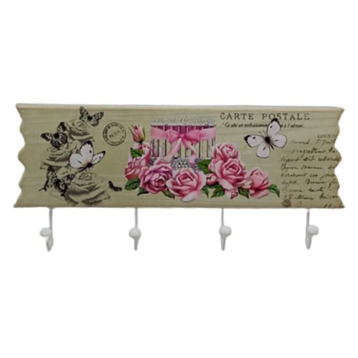 Porte-manteau mural en bois, 4 patères, imprimé fleur, crochets de manteau