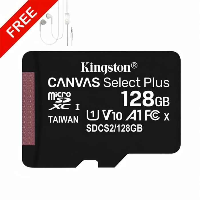 Carte Mémoire - Kingston - 128GB - Vitesse de lecture 100 Mo/s - Écouteurs gratuits - microSD