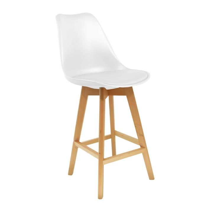 Tabouret de bar - FAVELA - Blanc - Pieds en bois - Design contemporain - Confort ergonomique