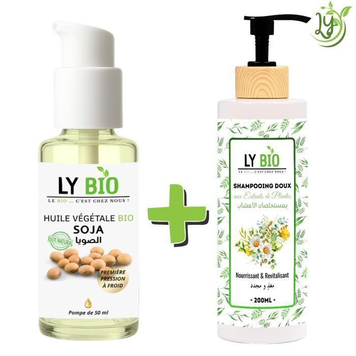 LYBIO PACK HUILE SOJA 50ML - POMPE + SHAMPOOING AUX EXTRAITS DE PLANTES 200ML - NOURRISSANT & REVITALISANT
