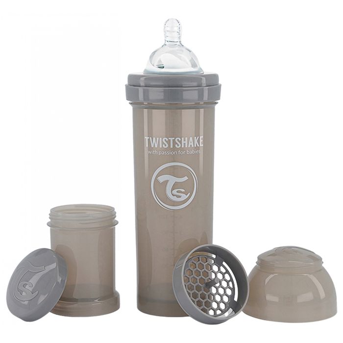 Twistshake Biberon anti-colique avec récipient à lait en poudre et mélangeur - 330 ml - Biberon sans BPA - 4+ mois - Gris