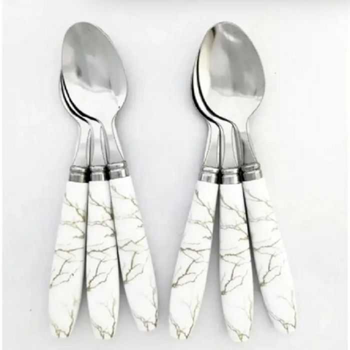 Lot de 6 Cuillères à Café en Acier Inox - Design Marbre Blanc