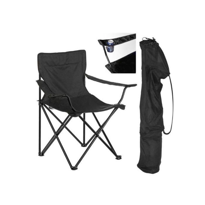 Chaise Pliante - Meuble de jardin - Noir - Acier léger - Confortable - Porte-gobelet intégré