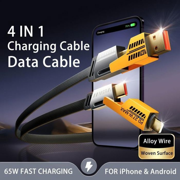 Câble USB de Type C 4 en 1 65W pour Recharge Rapide et Transfert de Données,Cordon de Chargeur pour Téléphone iPhone Samsung Huawei