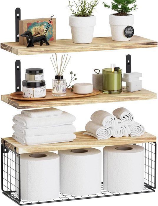 Étagères Murales - Non spécifié - Lot de 3 - Bois de Paulownia - Panier de Rangement - Style Contemporain