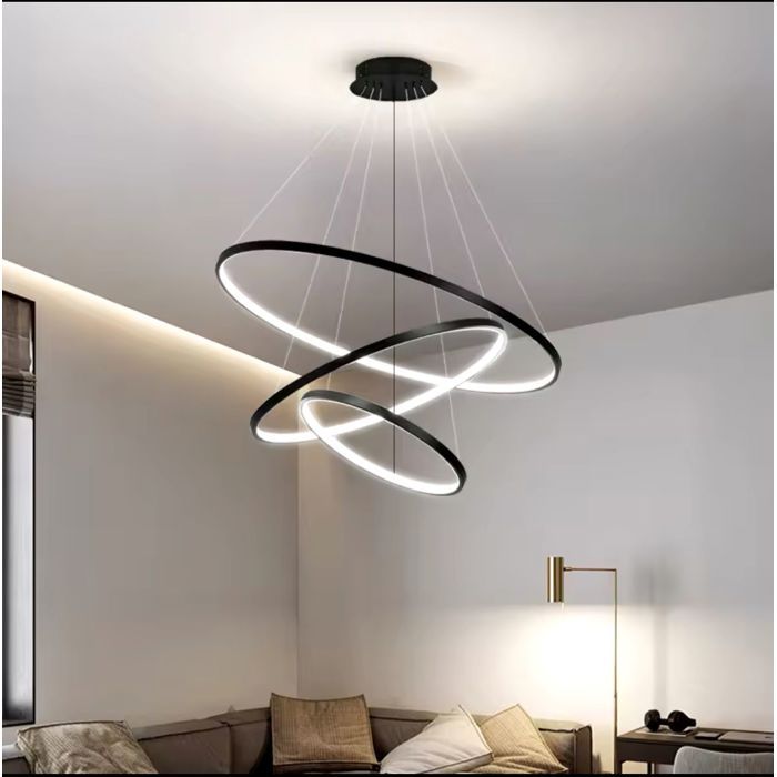 Luminaire LED Circulaire Triple Anneaux Noir– Design Moderne