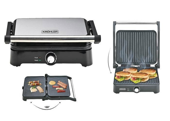 Grill Panini 4 Tranches PEGP-027C - Kröhler - INOX - 2000 W - Cuisson double face - Ouverture 180°
