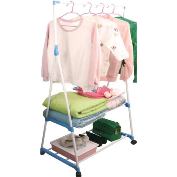 Porte-manteau en acier avec 2 étagères pliable portable