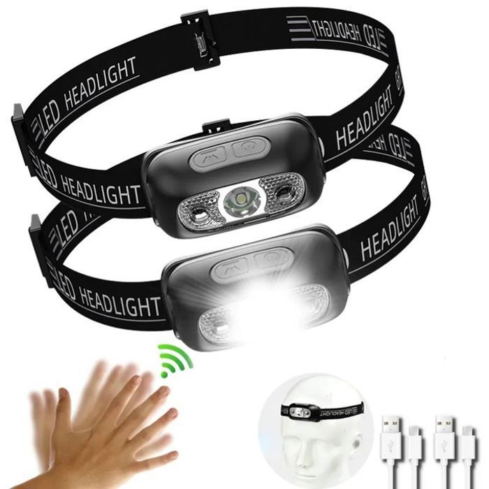 Lampe frontale avec capteur de mouvement, rechargeable par USB, idéale pour le camping, la pêche ou le travail.