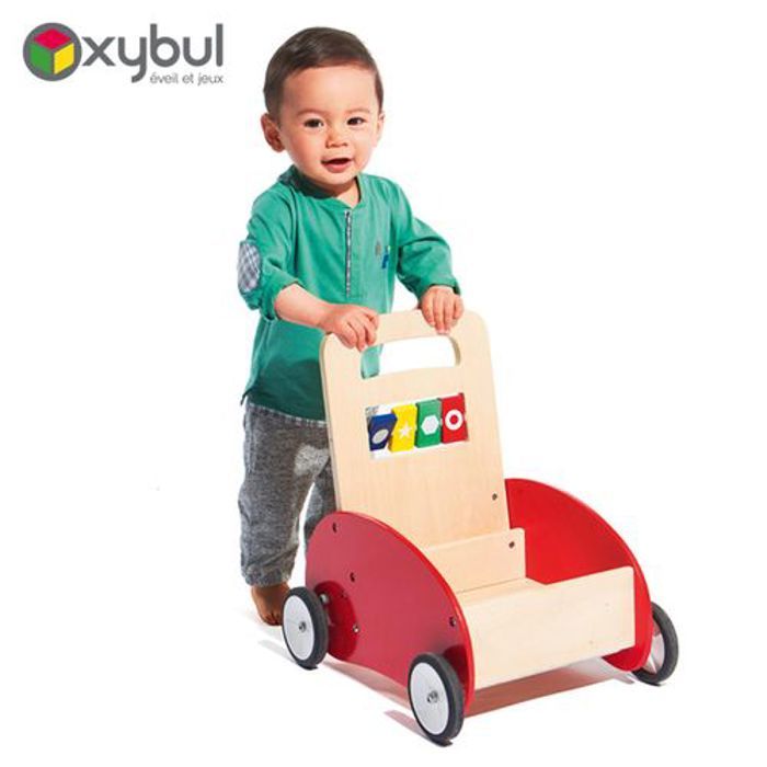 Oxybul Chariot pousseur en Bois avec Freins - Apprendre à marcher et Transporter ses jouets