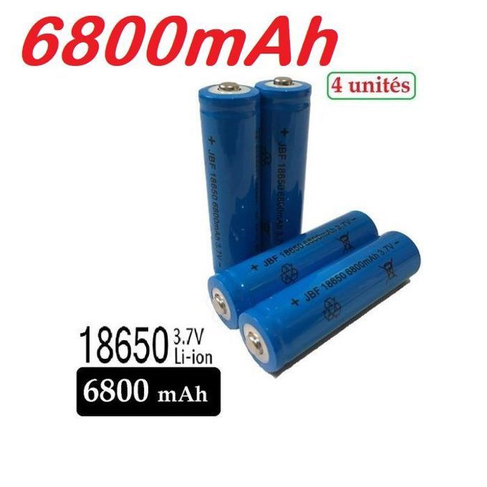 4 batteries rechargeables 3.7V 18650 Li-ion, puissance 6800 mAh