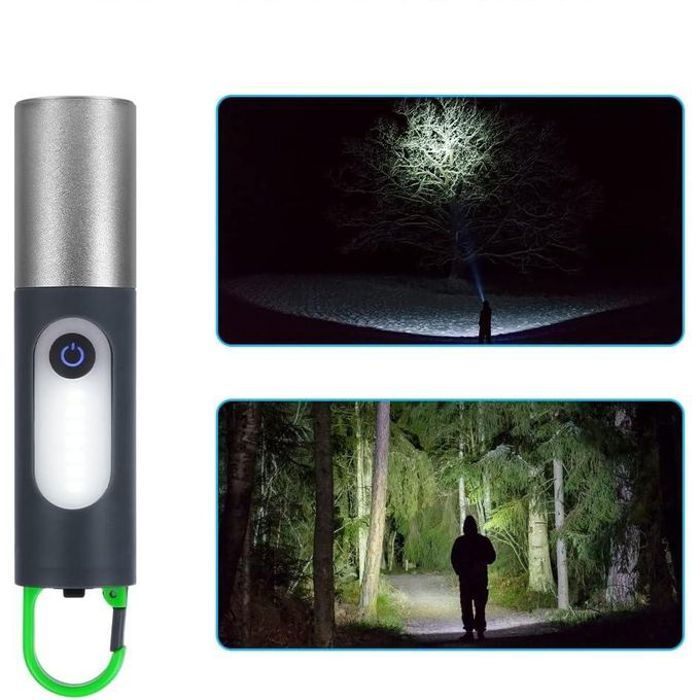 Lampe de Poche LED Rechargeable, Zoomable avec Crochet et Lumière COB