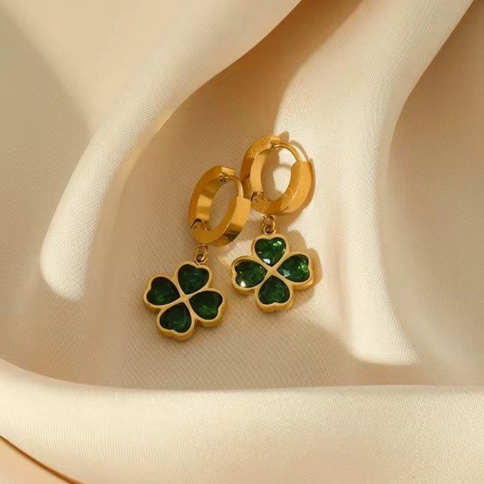 Boucles d'oreilles créoles - MARQUE - Modèle - Or jaune - Pendentifs trèfle - Pierre verte