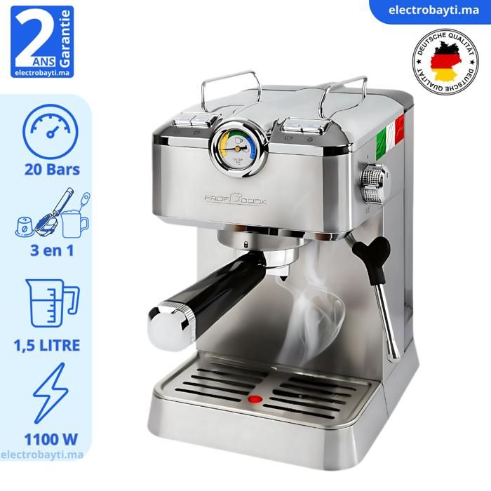 Proficook - Machine à Café et Cappuccino INOX 20 BARS - 2 Tasses - Deutsch