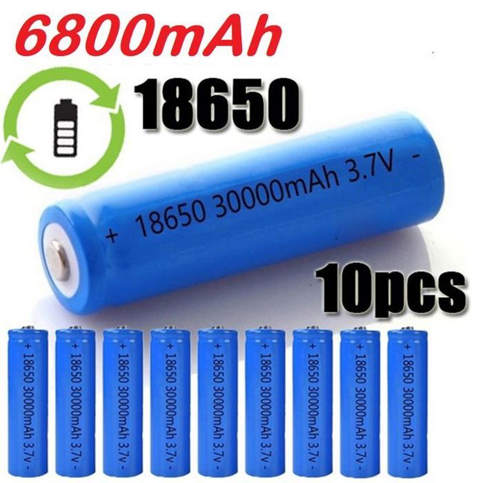 Pack de 10 batteries rechargeables 3.7V 18650 Li-ion, puissance 6800 mAh.