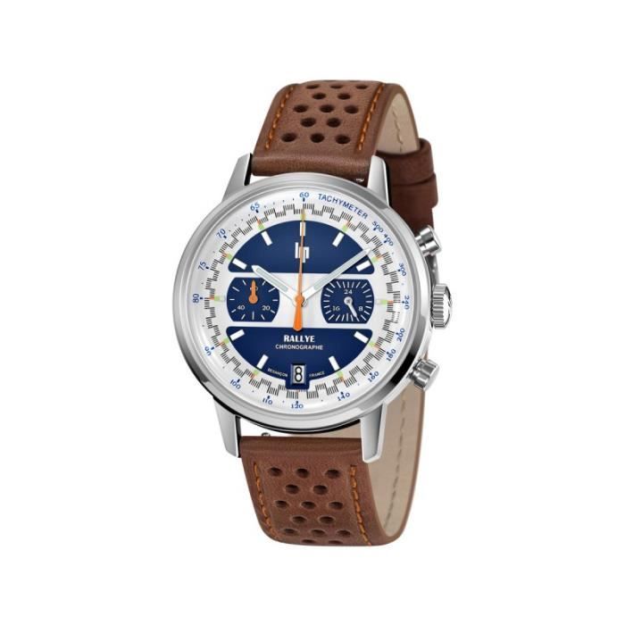 Montre - LIP - Rallye Meca-Quartz - Acier 41mm - Cuir Marron - Chronographe Quartz
