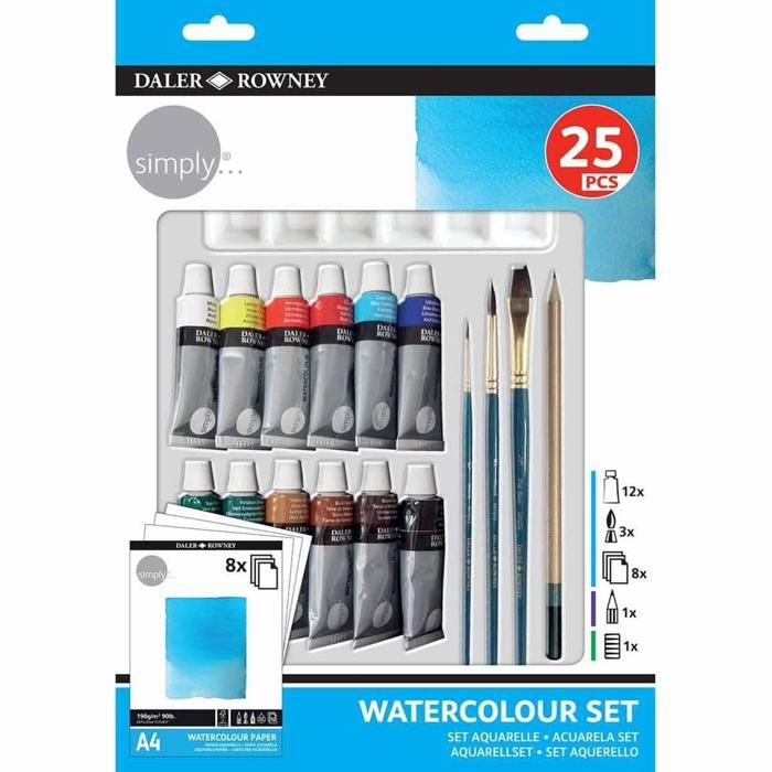 Coffret Aquarelle - Daler-Rowney - 25 pièces - 12 Tubes Peinture - 3 Pinceaux - Palette et Papier