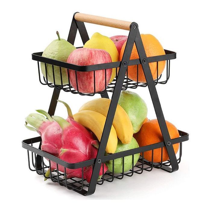 Panier à Fruits Portable En Maille,Domestique,Rangement Pour Snacks En Vrac Poignée en Bois