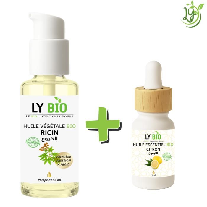 Pack de soins - LYBIO - HUILE RICIN 50ml - POMPE - HUILE ESSENTIEL CITRON 10ML - Réparateur