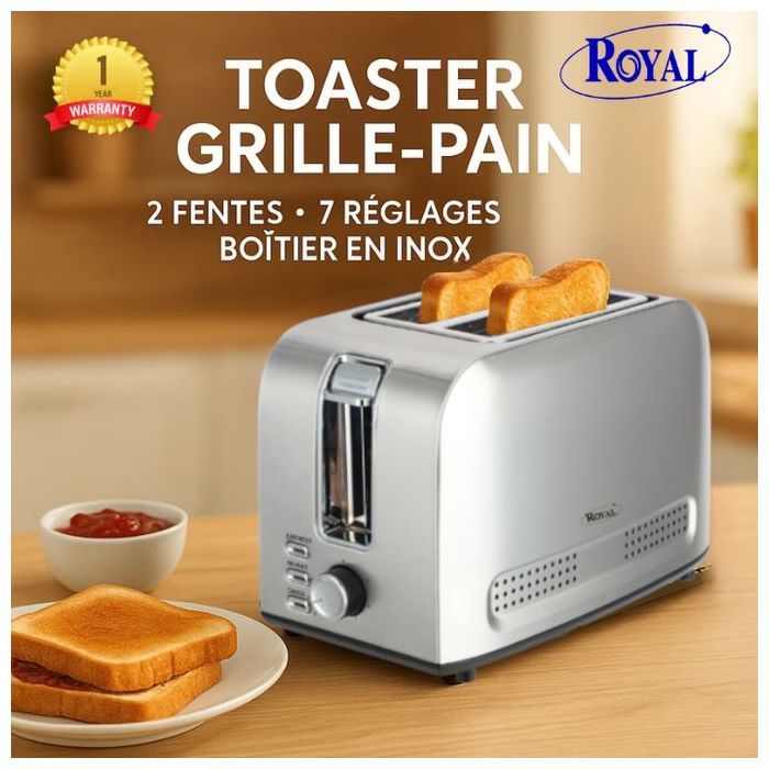 Royal TA 01201-GS - Toaster Grille pain - 2 FENTES - 7 Réglages - Boitier en inox