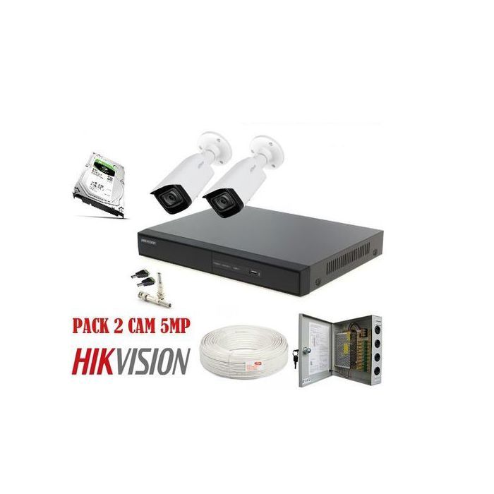Hikvision Pack Complet de Camera de A à Z 5MP de 2 Cameras Etanche + DVR 5MP
