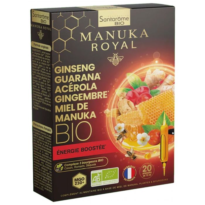 Santarome Bio Ginseng Guarana Acérola Miel de Manuka Bio 20 ampoules