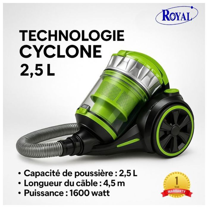 Aspirateur sans sac - Royal - VY 16 - 1600W - Technologie cyclonique - Filtre HEPA