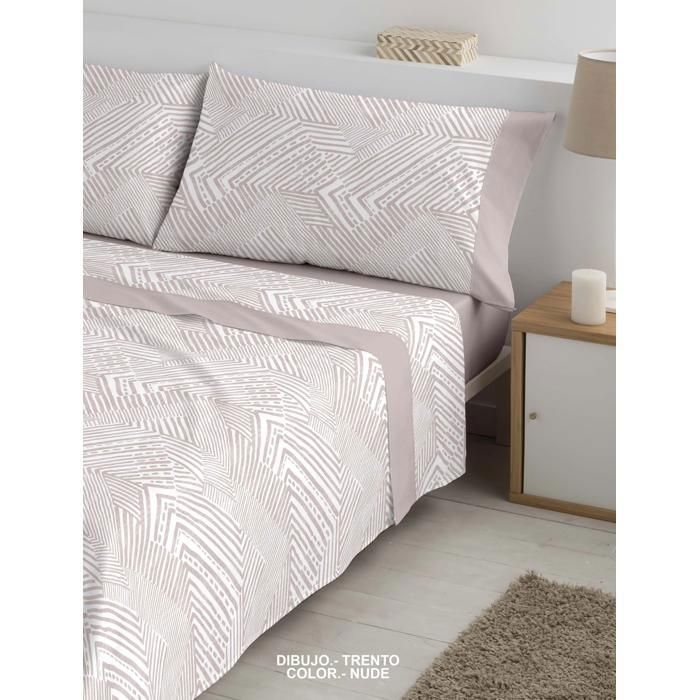 Ensemble de draps - BAMBU - Trento - Couleur NUDE - 200x190/200cm - Imprimé blanc et gris