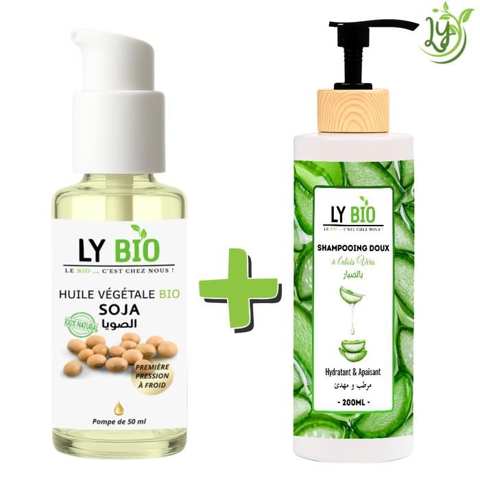 Pack de soins capillaires - LYBIO - Huile de soja 50ml - Shampooing aloe vera 200ml - Hydratant - Apaisant
