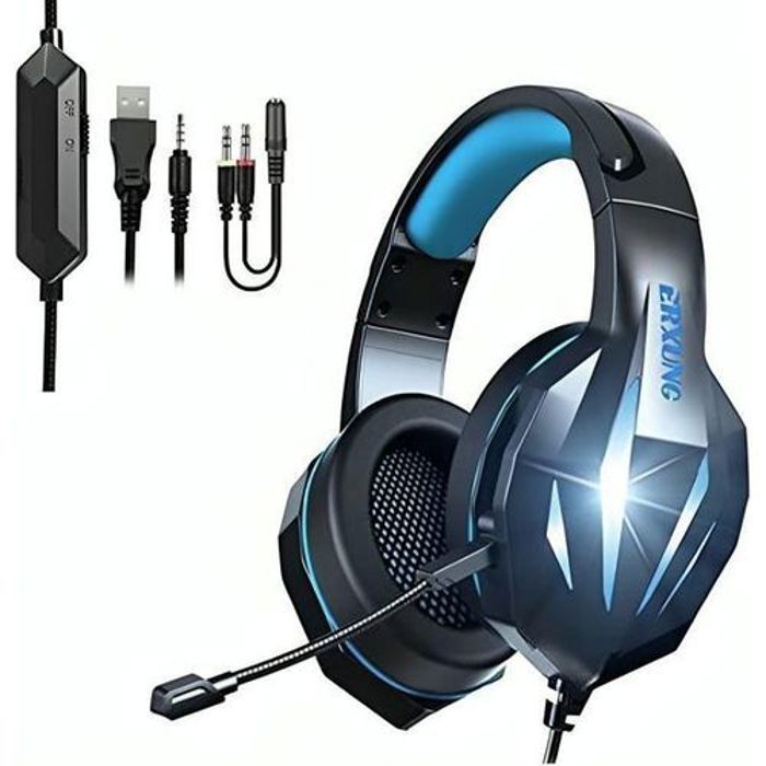 Casque de jeu J5 PRO - Erxung - Stéréo - Microphone anti-bruit - Lumières LED - Confort ergonomique