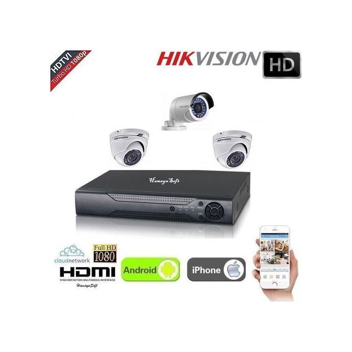 Hikvision Pack 3 Caméras Hikvision 2MP Turbo HD Jour/Nuit et DVR Hybrid Full HD 1080p 4 ports