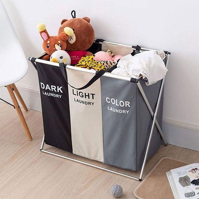 Panier à linge pliable en forme de X, organisateur avec trois compartiments