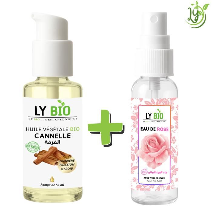Pack de soins - LYBIO - Huile de cannelle 50ml - Eau de rose 100ml - Tous types de cheveux - Mixte