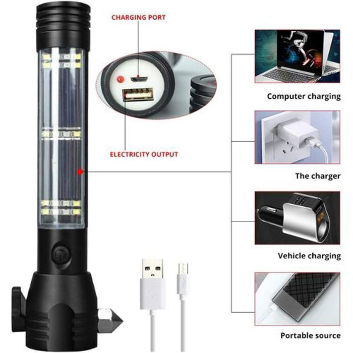 Lampe de poche - LED - Rechargeable - Résistante à l'eau - Brise vitre - 2 USB de charge