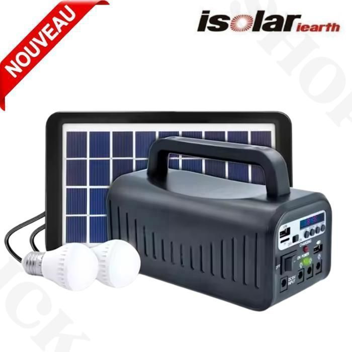 Système d'éclairage Solaire, panneau solaire avec Radio FM, lecteur MP3, deux lampes