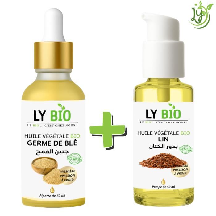 Pack d'huiles - LYBIO - Huile germe de blé 50ml - Pipette - Huile de lin 50ml - Pompe