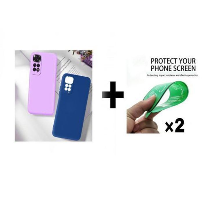 Case Pack : 2 Pochette Xiaomi Poco M4 Pro 4G Silicone Bleu Et Mauve + 2 Protection Incassable