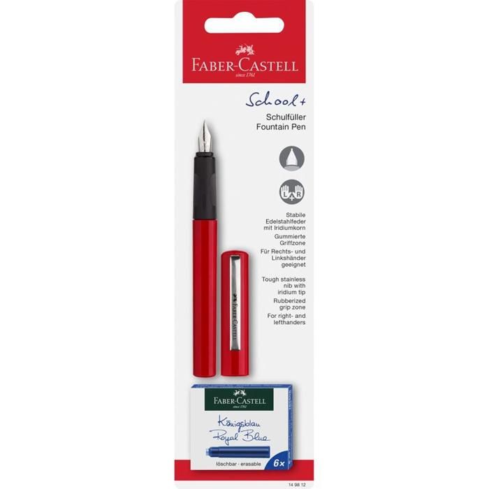 Stylo à Plume School+ Rouge avec 6 Cartouches à Encre Bleu Roi Effaçable