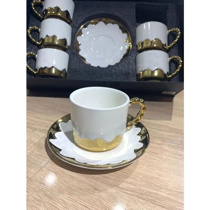 Ensemble de Tasses à Café au Lait - AYA HOME - 250 ml - Porcelaine - Détails Dorés - 6 pièces