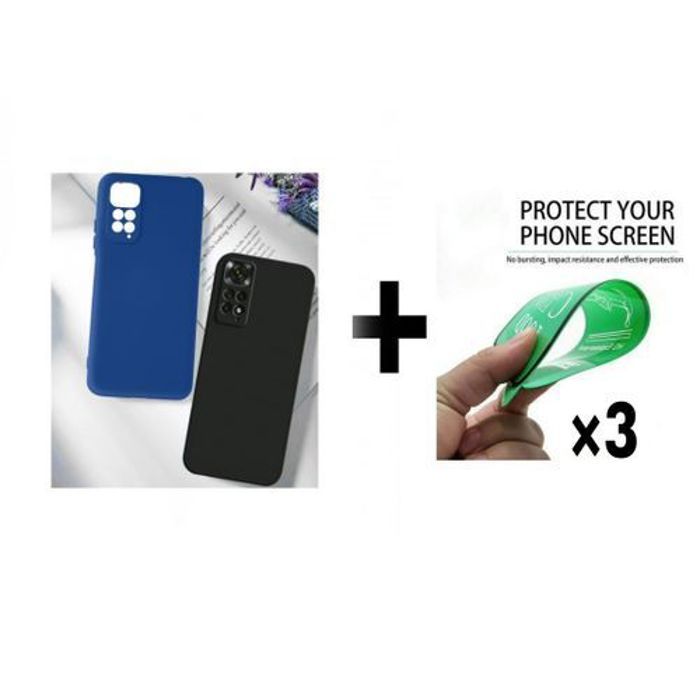 Case Pack : 2 Pochette Xiaomi Poco M4 Pro 4G Silicone Bleu Et Noir + 3 Protection Incassable