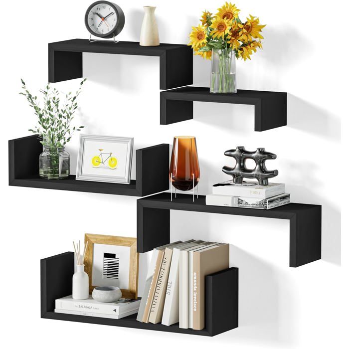 Etagere Murale Noir Lot de 5, Étagère Murales Bois Suspendue