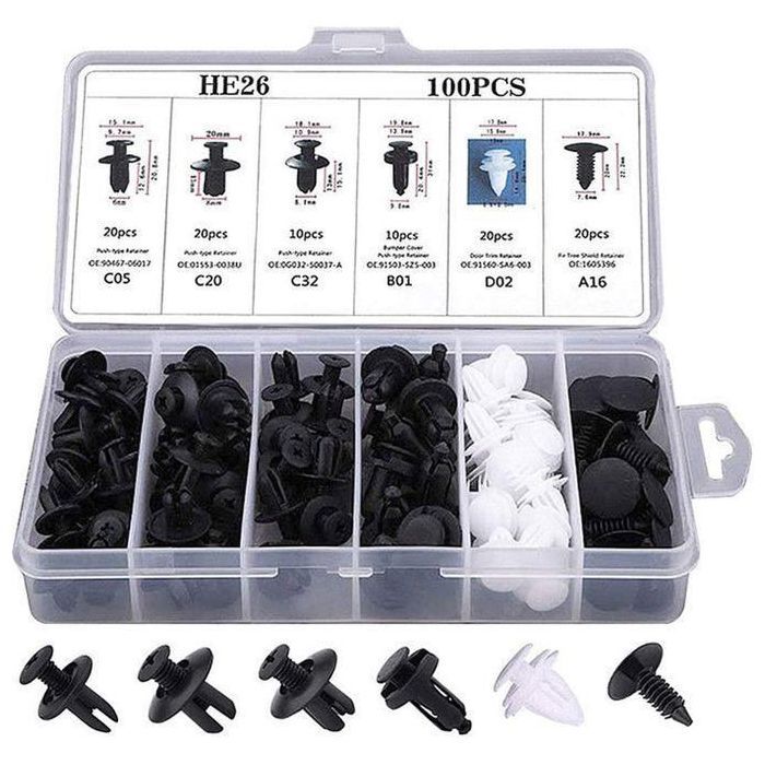 Kit 100 pièces de clips de fixation pour voiture – 6 tailles populaires + outils de démontage