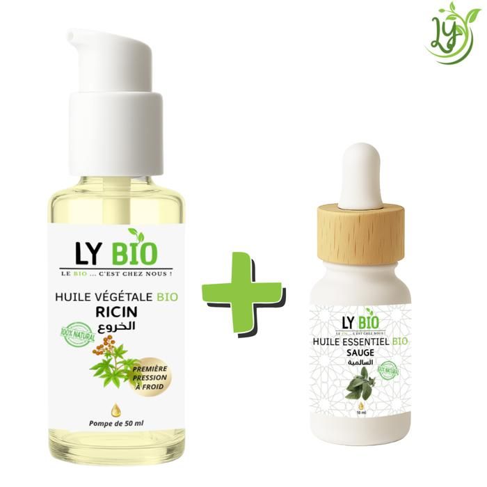 Pack de soins - LYBIO - HUILE RICIN 50ml - POMPE - HUILE ESSENTIEL SAUGE 10ML - Hydratant