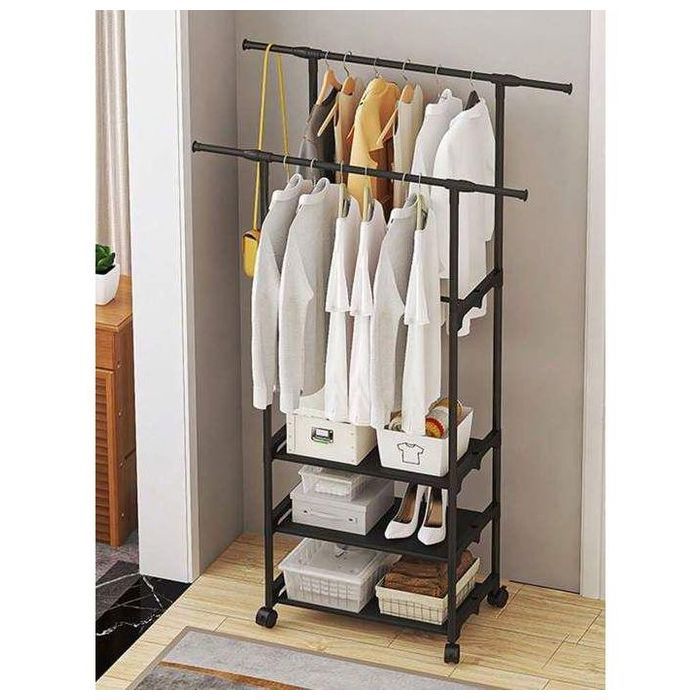 PORTE-VÊTEMENTS ET ORGANISATEUR DE CHAUSSURES À DOUBLE PÔLE, AVEC 3 NIVEAUX DE RANGEMENT
