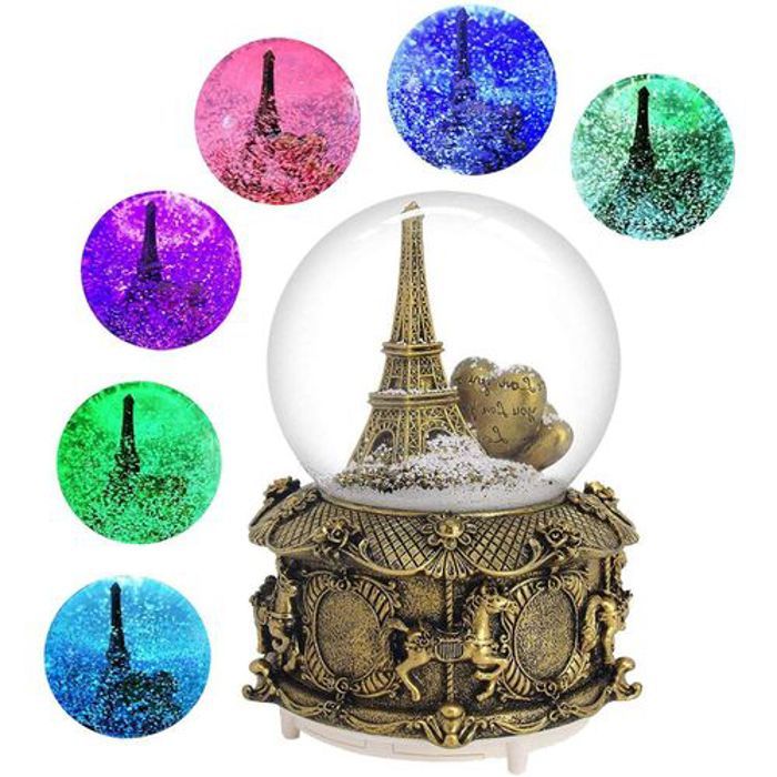 Boule de neige musicale - Tour Eiffel - Automatique - LED multicolores - Souvenir Parisien - 10,16 cm