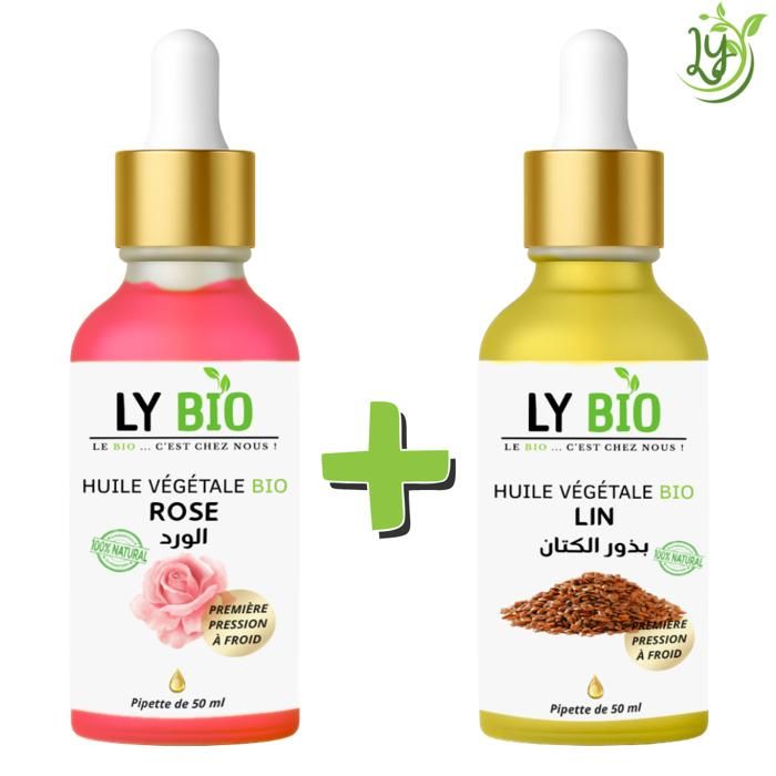 Pack Huile - LYBIO - Huile Rose 50ml - Pipette - Huile Lin 50ml - Pipette - Hydratant