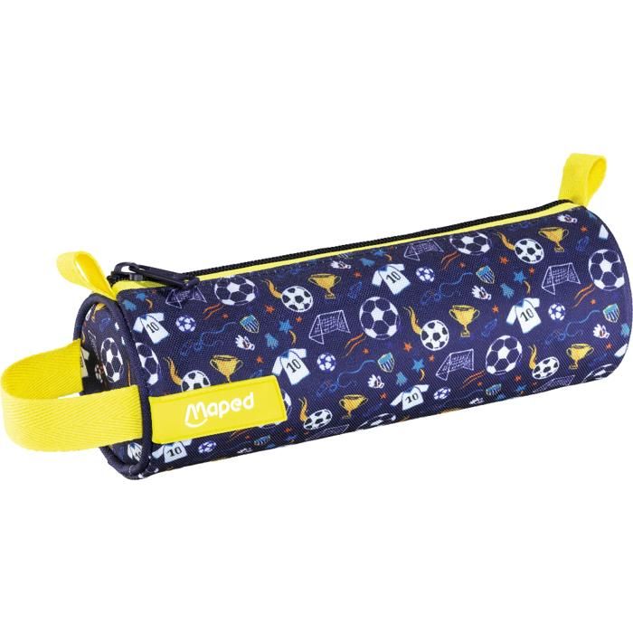 Trousse Ronde Scolaire - Football - Polyester - 22,5 x 7,5 cm - Zip Résistant - Bleu